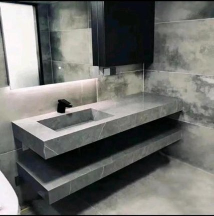 太空鋁懸掛式浴室柜，雙層巖板懸浮浴室柜